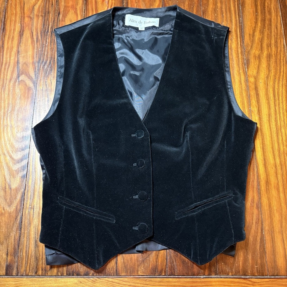 Alex de Bolzan Black Velvet Vest Vtg 80s 90s Designer Style Funky Art Sz 6 A497